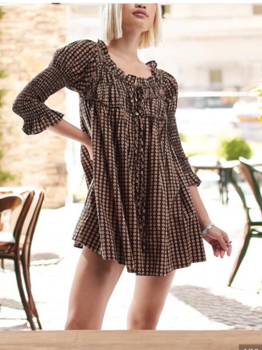 FREE PEOPLE STAR DIP LONG SLEEVE MINI DRESS BLACK BROWN COMBO SMALL